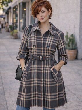BB Dakota Plaid Belted Coat Dress|| Chic Trench Style Jacket | Large